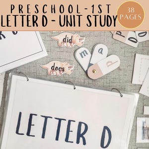 Estudio de la unidad de la letra D: reorganización de letras, práctica de escritura y conteo, desafíos de dibujo, CVC y palabras frecuentes, folleto "D" - IMPRIMIBLE