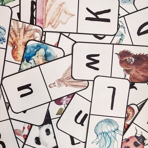 Pu&ograve; includere: Un set di tessere con lettere dell'alfabeto e illustrazioni ad acquerello. Ogni tessera presenta una lettera e un'immagine corrispondente, come una medusa, un polpo, una farfalla e un panda.