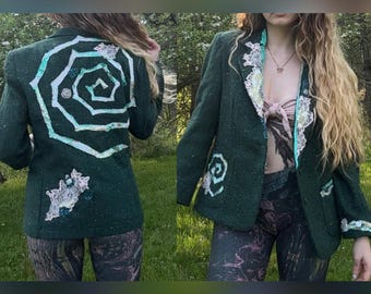 Fae Blazer - Upcycled Emerald Green - One of a Kind Patchwork Jacket - Spiral; lace flowers; sequins; hippie