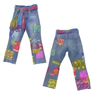 XS Upcycled patchworkjeans • met sjaalriem • uniek in zijn soort • 100% gebruikte materialen