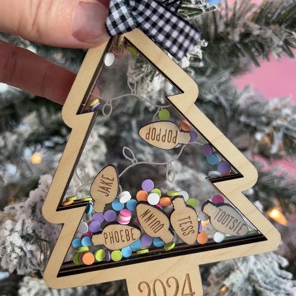 Personalized Christmas Tree Shaker Ornament: Engraved Maple Lights, Family Keepsake