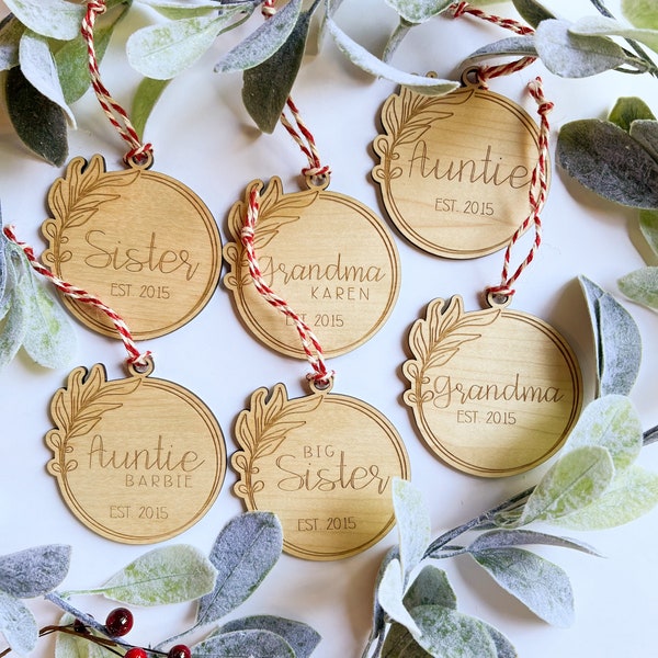 Personalized Ornament with Elegant Laurel Leaf Outline Frame - Maple - Elegant Ornament - Personalized First Christmas Grandma Aunt Sister