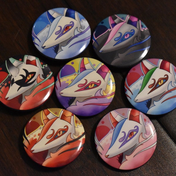 Yo-Kai Watch Kyubi Pinback Buttons | 32mm | Kyubi, Frostail, Darkyubi, Sakura Inugami, Hijiri Inugami, Kohaku Kyubi, Oni Kyubi