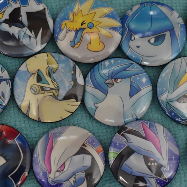 Ice Type Pokemon Pinback Buttons | 32mm | Articuno, Arceus, Silvally, Baxcalibur, Chien-Pao, Kyurem, Sneasel, Weavile, Glaceon