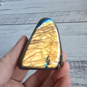 Può includere: Una pietra preziosa di labradorite lucidata, di forma triangolare. La pietra ha un colore di base giallo dorato con riflessi iridescenti blu e verdi. La superficie mostra una rete di linee sottili.