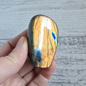 May include: A polished labradorite stone with a smooth, rounded form. The stone exhibits a mix of colours, including gold, blue, and hints of green. The labradorite is held in a hand, showcasing its natural beauty and unique patterns.