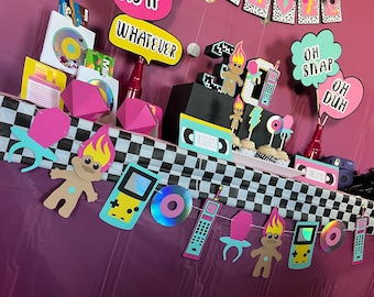 90s Party Decor SVG Bundle: Banner, Cupcake Toppers, Icons (Digital Download)