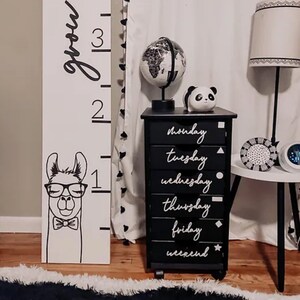 May include: A black and white themed room with a growth chart, a small black cabinet with days of the week, a globe, and a panda figurine. The growth chart features a llama wearing glasses and a bow tie.