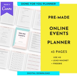 Puede incluir: Un planificador de eventos en línea descargable digitalmente con 43 páginas. El planificador está prediseñado y se puede utilizar como un imán de clientes potenciales o un obsequio. La portada presenta un diseño azul claro y rosa con el texto "Online Events Planner".