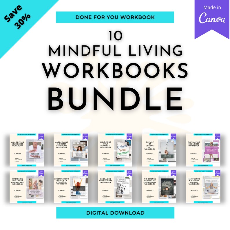 10 Mindful Living Workbooks Bundle | Done for You Workbook Canva ...