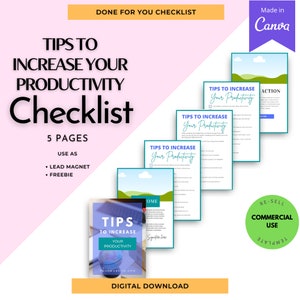 May include: A checklist template with a pink and white background. The checklist is titled "Tips to Increase Your Productivity Checklist" and has a green and blue design. The checklist is a digital download and can be used as a lead magnet or freebie. It is also a commercial use template.