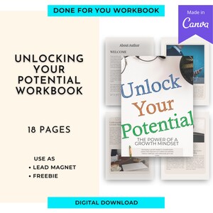 Può includere: Un libro di lavoro scaricabile digitalmente intitolato "Sblocca il tuo potenziale: Il potere di una mentalità di crescita". La copertina presenta un design di testo stilizzato e colorato con una tazza di caffè e un taccuino su una scrivania sullo sfondo. Il libro di lavoro è composto da 18 pagine e può essere utilizzato come un magnete per lead o un omaggio gratuito.