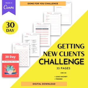 Könnte beinhalten: Eine 30-Tage-Herausforderung, um neue Kunden zu gewinnen, mit einem roten und weißen Cover, das einen Handschlag zeigt. Die Herausforderung umfasst 33 Seiten und kann als Leadmagnet oder Freebie verwendet werden. Der Text "DONE FOR YOU CHALLENGE" befindet sich oben im Bild.