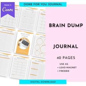 May include: A digital download of a brain dump journal with 40 pages. The journal includes pages for checklists, daily brain dumps, making decisions, and managing anxiety. The journal is designed to help users organise their thoughts and ideas.