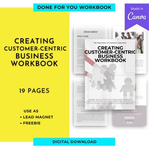 Peut inclure: Un classeur numérique téléchargeable jaune et blanc intitulé "Créer une entreprise centrée sur le client" avec un nombre de pages de 19. Le classeur est conçu pour aider les entreprises à créer une approche centrée sur le client. La couverture présente un graphique de personnes debout en ligne, avec une flèche rouge pointant vers la personne en tête de file.