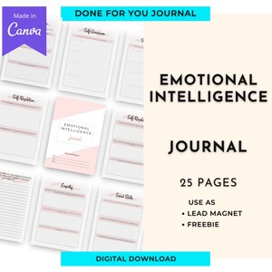 Puede incluir: Un diario digital descargable en rosa y blanco titulado "Emotional Intelligence Journal" con el texto "Done for You Journal" y "25 Pages" en un cuadro azul. El diario está diseñado para ayudar a los usuarios a mejorar su inteligencia emocional con indicaciones para la autoconciencia, la autorregulación, la empatía y las habilidades sociales.
