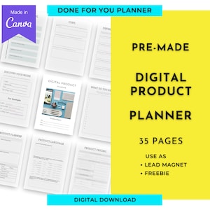 Op de afbeelding: Een digitale productplanner met 35 pagina's, ontworpen om u te helpen bij het creëren en lanceren van uw eigen digitale producten. De planner bevat secties voor het ontdekken van uw niche, het definiëren van uw product, het creëren van producttaal, het prijzen van uw product en meer. Het kan worden gebruikt als een leadmagnet of een gratis product.