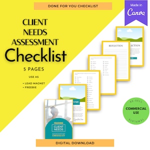 May include: A yellow and white digital download checklist for coaching clients. The checklist is titled "Coaching Client Needs Assessment Checklist" and includes 5 pages. The text "Digital Download" is at the bottom of the checklist.