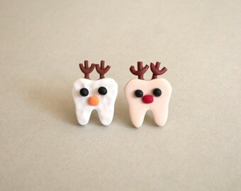 Reindeer teeth earrings, Rudolph earrings, Christmas teeth earrings, Dental earrings, dentist gift