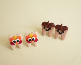 Turkey teeth earrings, acorn teeth earrings, fall teeth earrings, thanksgiving teeth earrings, dental gift.