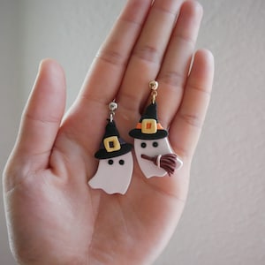 Witch ghost with broom earrings, witch hat earrings, cute ghost earrings, halloween earrings, polymer clay earrings