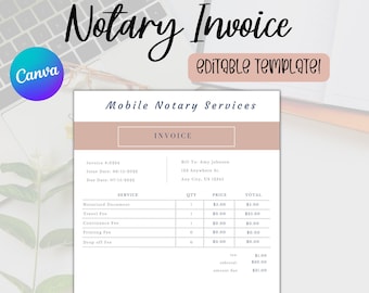 Notary Customizable Invoice  Template, Notary Public, Signing Agent, Notary Forms, Notary Invoice, Notary Personalized, Notary Marketing