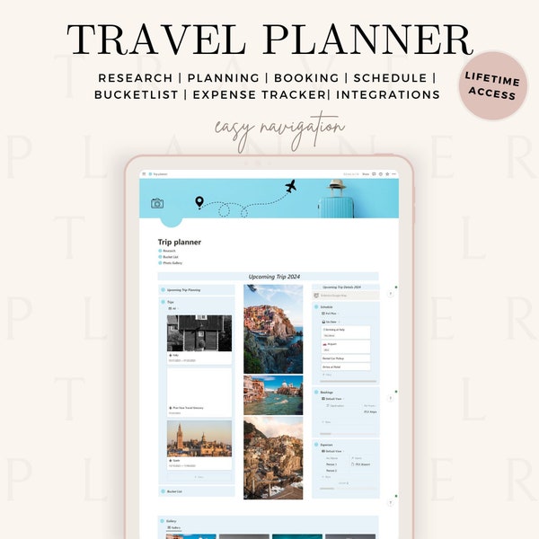 Travel Notion Planner, Group Travel Planner,Digital Initinerary and Essentials Planner,Camping Roadtrip Trip Planner,Travel Blogger Planner