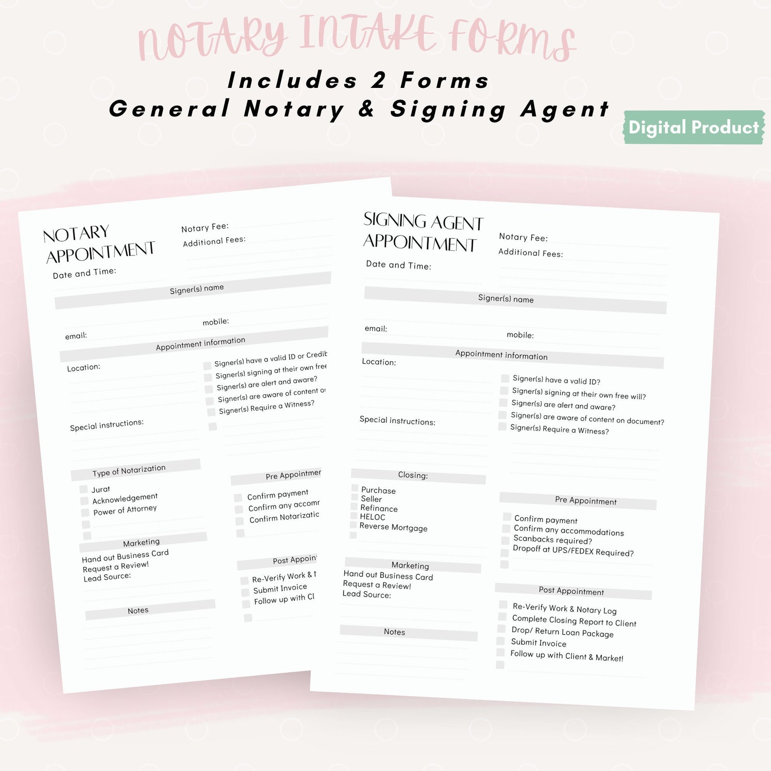 Notary Client Intake Form Notary Public Signing Agent Etsy