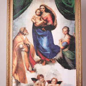 Virgen Sixtina, bordado a mano. Obra de Raphael Madonna enmarcada en punto de cruz. Virgen de San Sisto en Piacenza, Sacra Conversazione