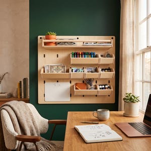 Könnte beinhalten: Eine Wand-Lochplatte aus hellem Holz mit mehreren Regalen und Behältern. Das System enthält verschiedene Büroartikel, darunter Stifte, ein kleines weißes Whiteboard mit der Aufschrift To Do, eine Topfpflanze und kleine Fläschchen.