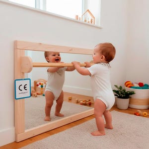 Espejo Montessori de seguridad con barra, Espejo para bebe, Espejo Montessori para bebe, Espejo Montessori, Espejo Montessori blanco