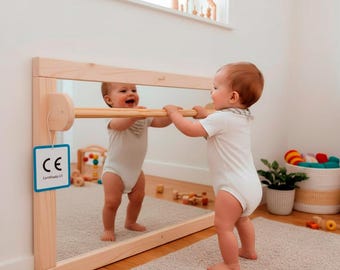Montessori veiligheidsspiegel met stang, Babyspiegel, Montessori babyspiegel, Montessorispiegel, Witte Montessorispiegel