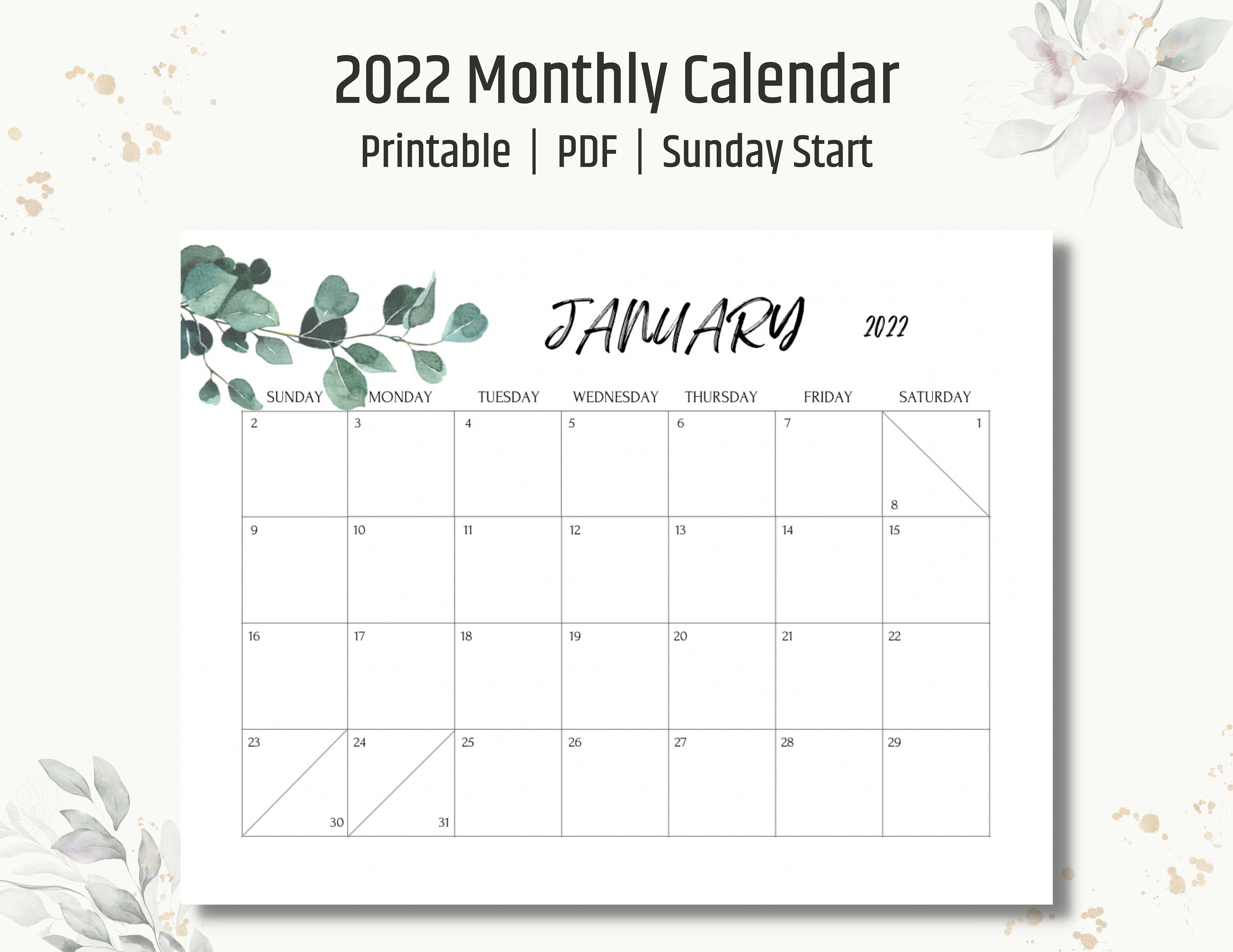 2022 printable monthly calendar pdf horizontal us letter etsy