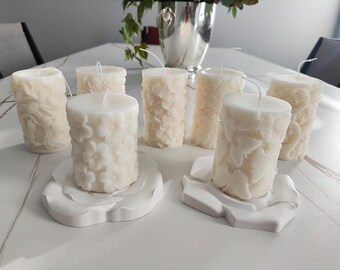 Embossed Floral Soy Beeswax Candle: Handmade Pillar Candle