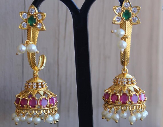 Buy RIMA: Jhumka Earrings With Chain / Green Gold Plated indian Pakistani  Bangladeshi South Asian Desi Bridal Nikkah Wedding Bollywood Online in  India - Etsy
