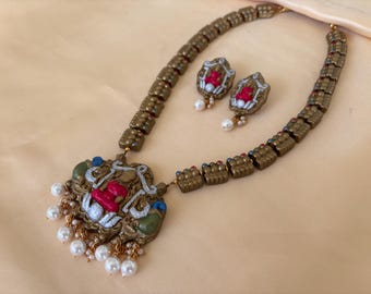 Handmade Lakshmi Terracotta Jewelry Set: Indian Necklace Earrings