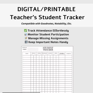Może przedstawiać: Czarno-biały, drukowalny tracker dla uczniów z tekstem "STUDENT TRACKER" u góry. Tracker zawiera kolumny dla tygodnia, okresu, imienia, poniedziałku, wtorku, środy, czwartku, piątku, ukończonych brakujących zadań i komentarzy.