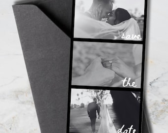 Black & White Cursive Photostrip Save the Date Template (Digital Download)