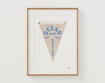 Ocean City Maryland Pennant Flag Art Print Digital Download Wall Decor Blue Embroidery Coastal Cottage Beach Ocean Popular Trending PDF