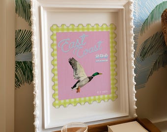 Preppy East Coast Stamp Art Print: Pink Coastal Wall Decor (PDF Download
