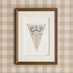CLT Charlotte North Carolina Pennant Flag Art Print Digital Download Wall Decor Popular Trending Coastal Cottage Core Blue Embroidery PDF