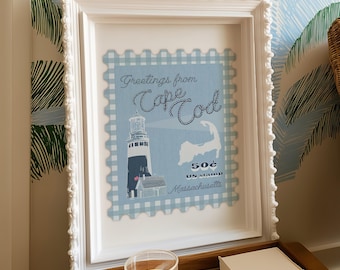 Cape Cod Stamp Art Print: Vintage Gingham Coastal Decor (PDF Download