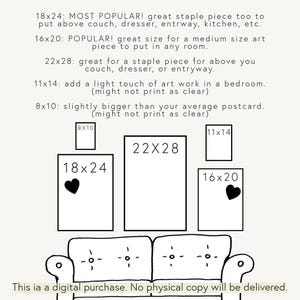 May include: A digital art print mockup featuring various rectangular frames of different sizes, including 18x24 inches, 16x20 inches, 22x28 inches, 11x14 inches, and 8x10 inches. Each frame is empty, with a black heart on two of them. The text indicates this is a digital purchase.