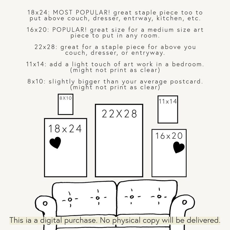May include: A digital art print mockup featuring various rectangular frames of different sizes, including 18x24 inches, 16x20 inches, 22x28 inches, 11x14 inches, and 8x10 inches. Each frame is empty, with a black heart on two of them. The text indicates this is a digital purchase.