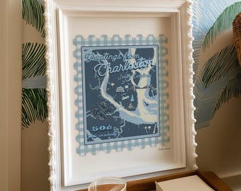 Charleston South Carolina Art Print: Vintage Gingham Coastal Decor (PDF Download)