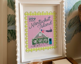 Nantucket Island Stamp Art Print: Preppy Coastal Wall Decor (PDF Download)Popular Trending Preppy