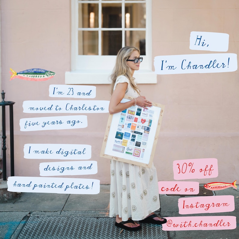 May include: A woman wearing sunglasses and a white dress holds a framed artwork with various colorful designs. Text on the wall says "I'm 23 and moved to Charleston five years ago. I make digital designs and hand painted plates!"