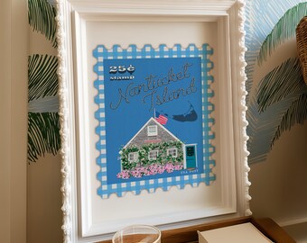 Nantucket Island Stamp Art Print: Vintage Coastal Wall Decor (PDF Download) BluePopular Trending Preppy