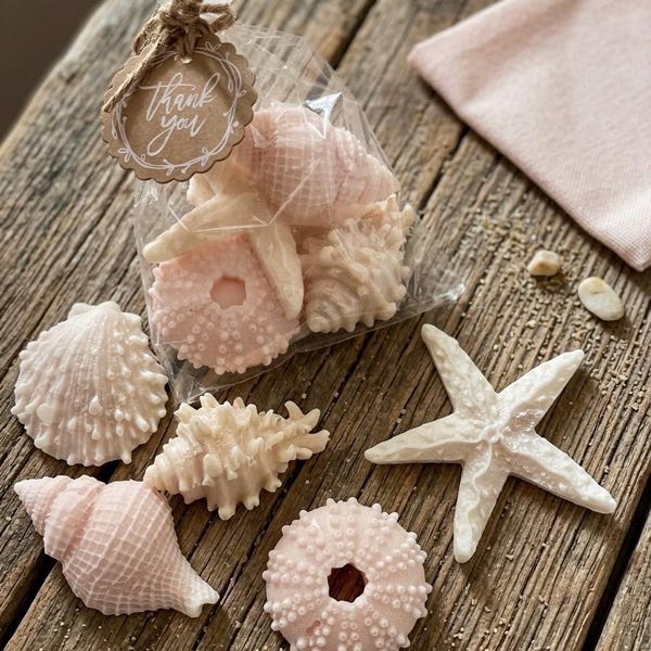 Pink and Neautral Seashell Soaps, Beach Party Favors, coastal theme, pre assembled with bag and tag
