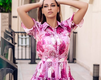 KAELI Luxury Dress Ethically Made | Fashion Print Dress | Flower Print Dress | Ruffle Romantic Dress | Feminine Dress |Summer Cocktail Dress